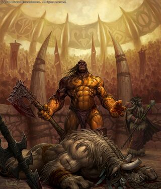 Garrosh slaying Cairne Bloodhoof (by Glenn Rane)